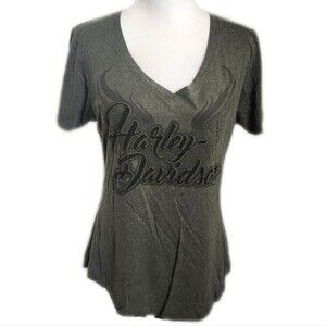 Harley-Davidson Motorcycles Olive Green V-neck Tee T-shirt, Black Sparkle, L